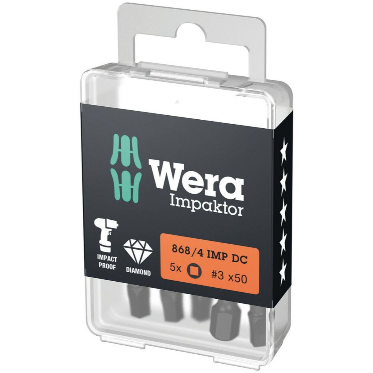 Wera 868/4 IMP DC DIY Impaktor Innenvierkant Bits, # 3 x 50 mm, 5-teilig