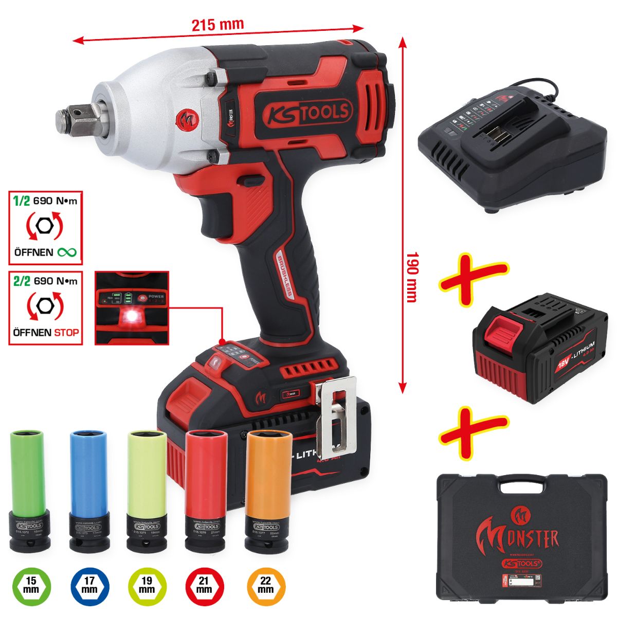 KS Tools eMONSTER 1/2 Zoll Brushless-Akku-Schlag-Schrauber-Satz, 9-tlg
