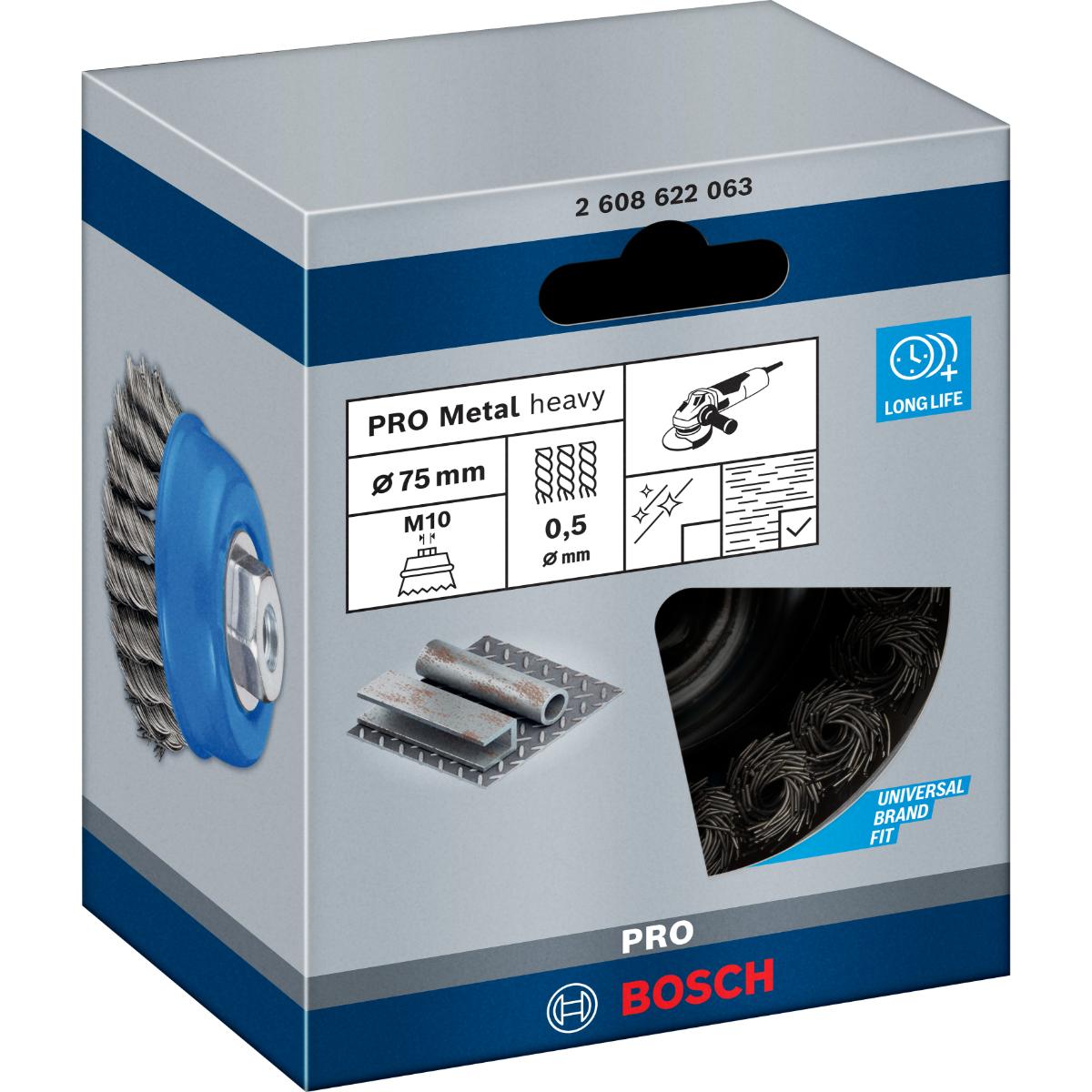 Bosch PRO Topfbürste, Stahl, gezopfter Draht, 75 mm, 0,5 mm, 12500 U/ min, M 10