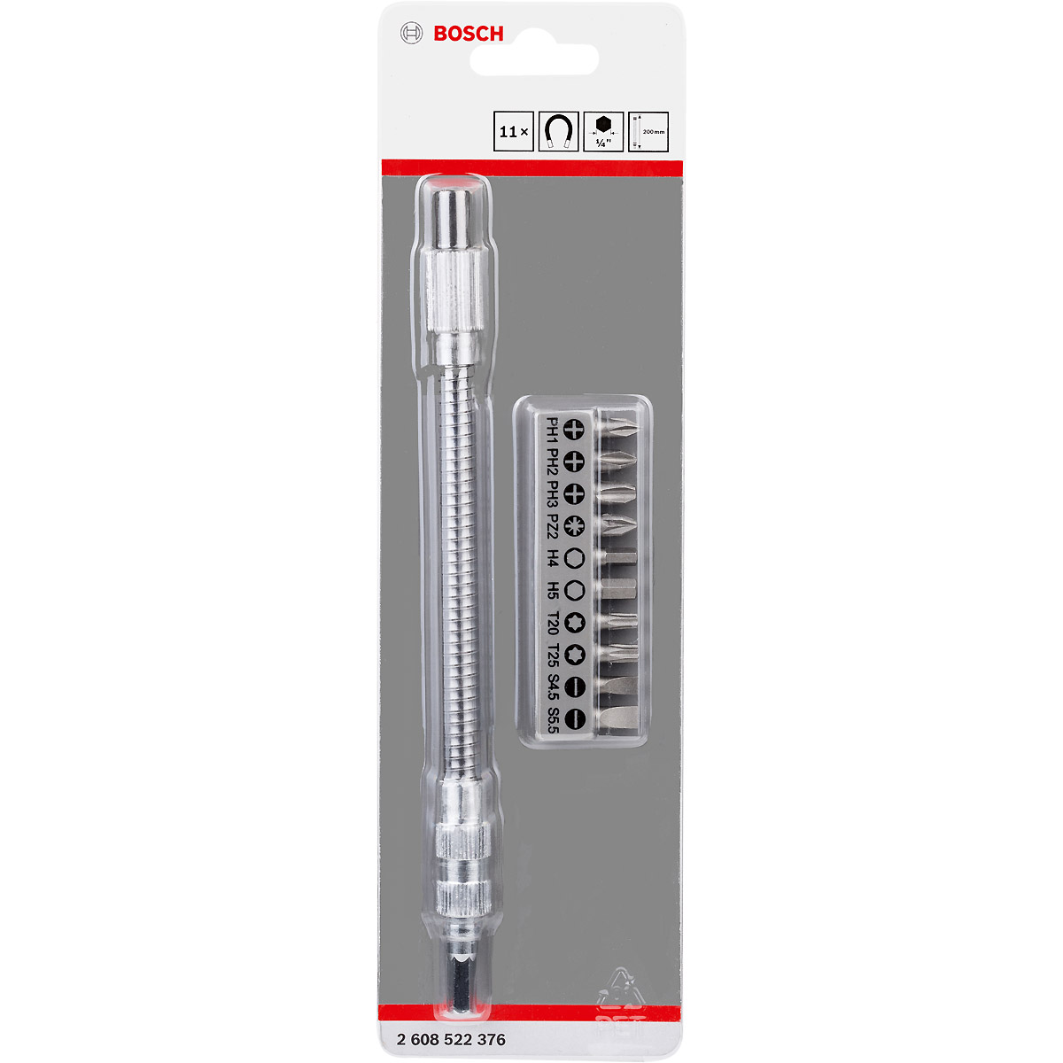 Bosch Bit Set, 11-teilig, mit flexibler Verlängerung aus Metall, 200 mm