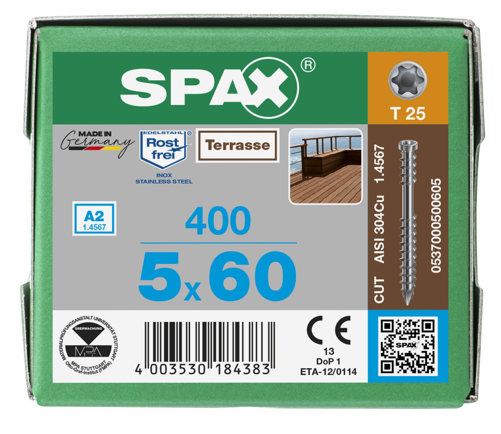 SPAX Terrasse A2 Zylinderkopf T-Star Plus T25 Fixiergewinde Cut, 400 Stück