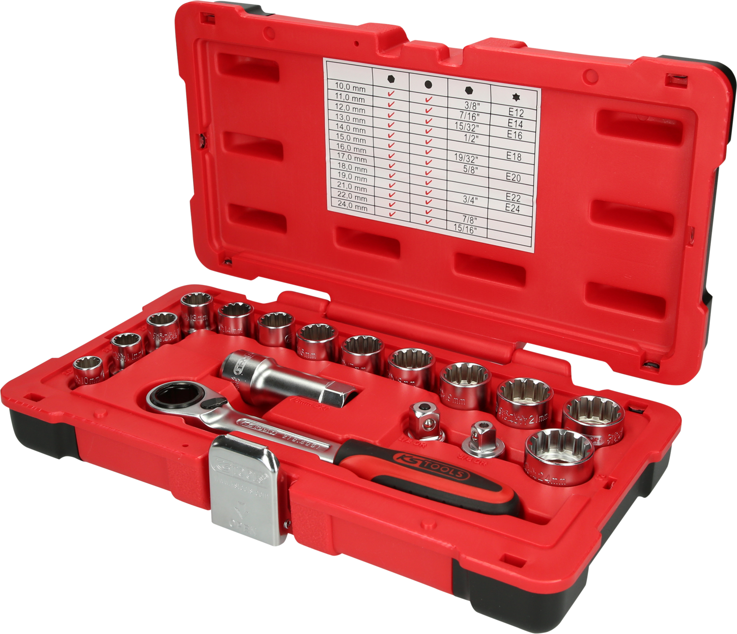 KS Tools 3/8"+1/2" TRIPLEplus Durchgangs-Steckschlüssel-Satz, 17-tlg