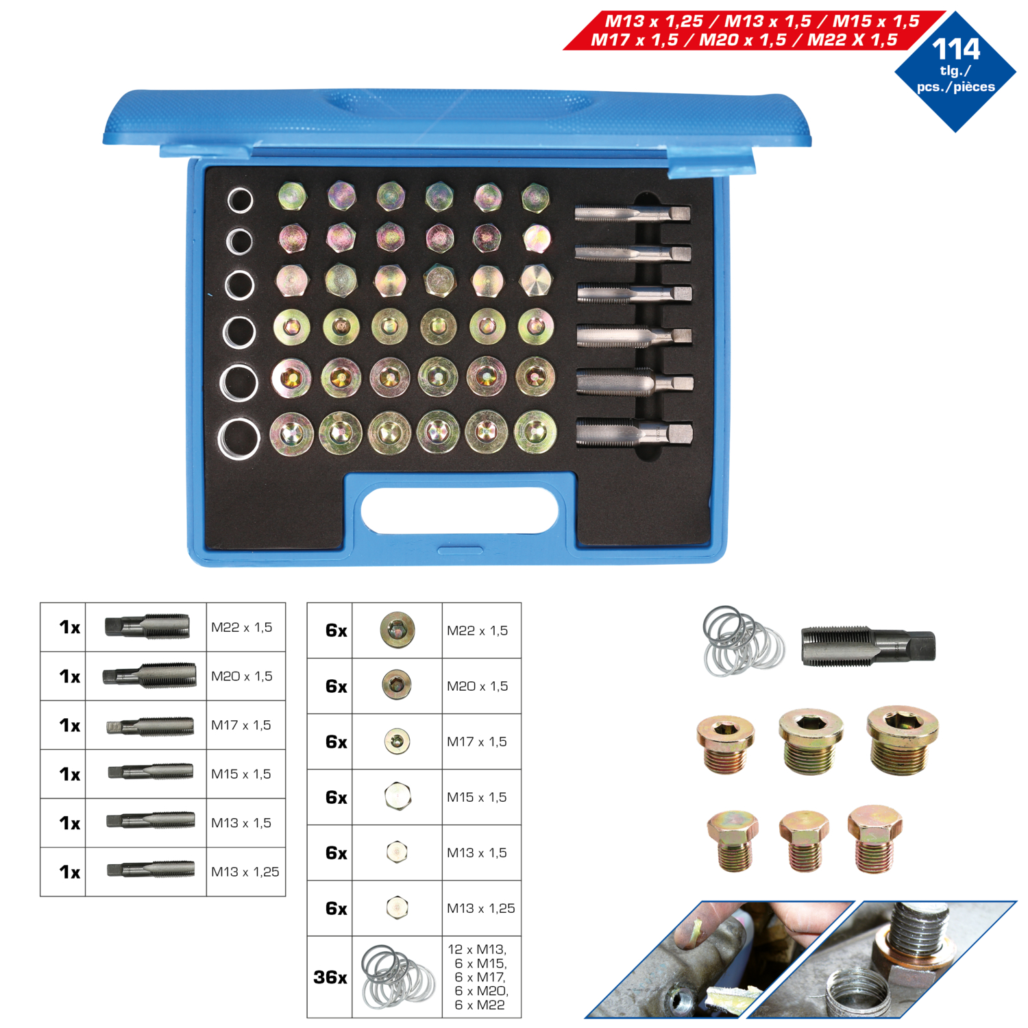 Brilliant Tools Reparatursatz für Öl-Ablassschrauben-Gewinde, 114-tlg - BT711300