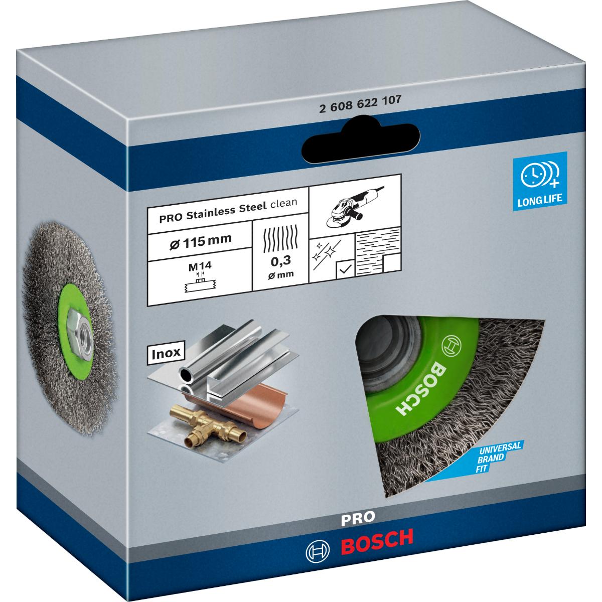 Bosch PRO Scheibenbürste Clean for Inox, gewellt, rostfrei, 115 mm, 0,3 mm, 8500 U/min,M14