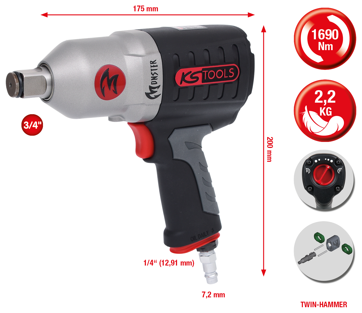 KS Tools 3/4" MONSTER Hochleistungs-Druckluft-Schlagschrauber, 1690Nm