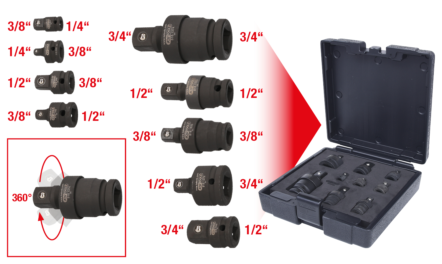 KS Tools Kraft-Vergrößerungs- und Reduzieradapter-Satz, 9-tlg