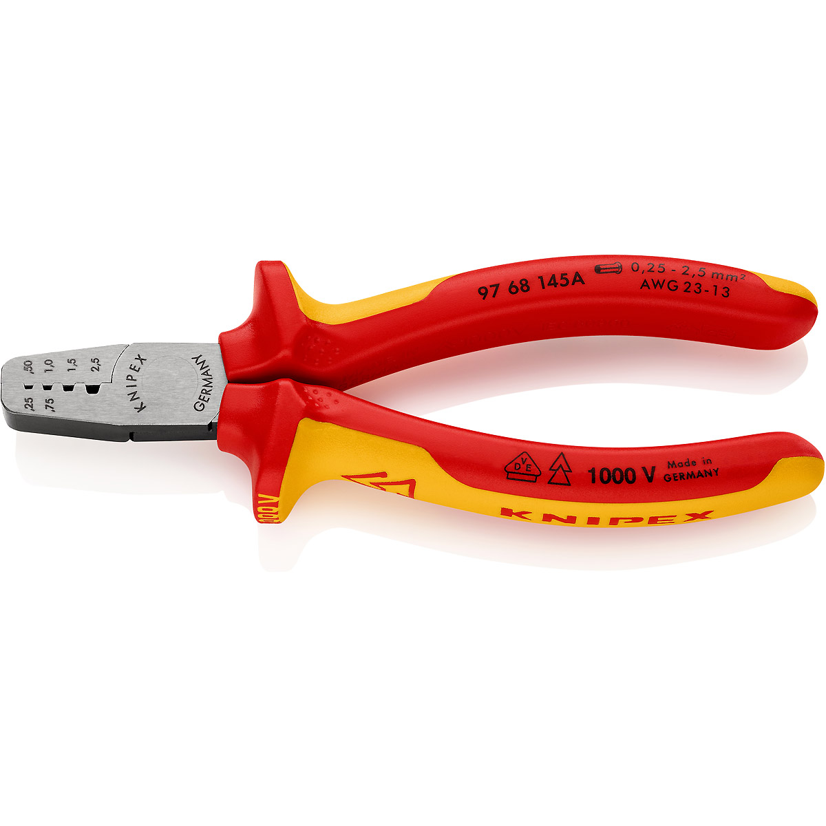 KNIPEX Crimpzange für Aderendhülsen 145 mm isoliert mit Mehrkomponenten-Hüllen, VDE-geprüft poliert