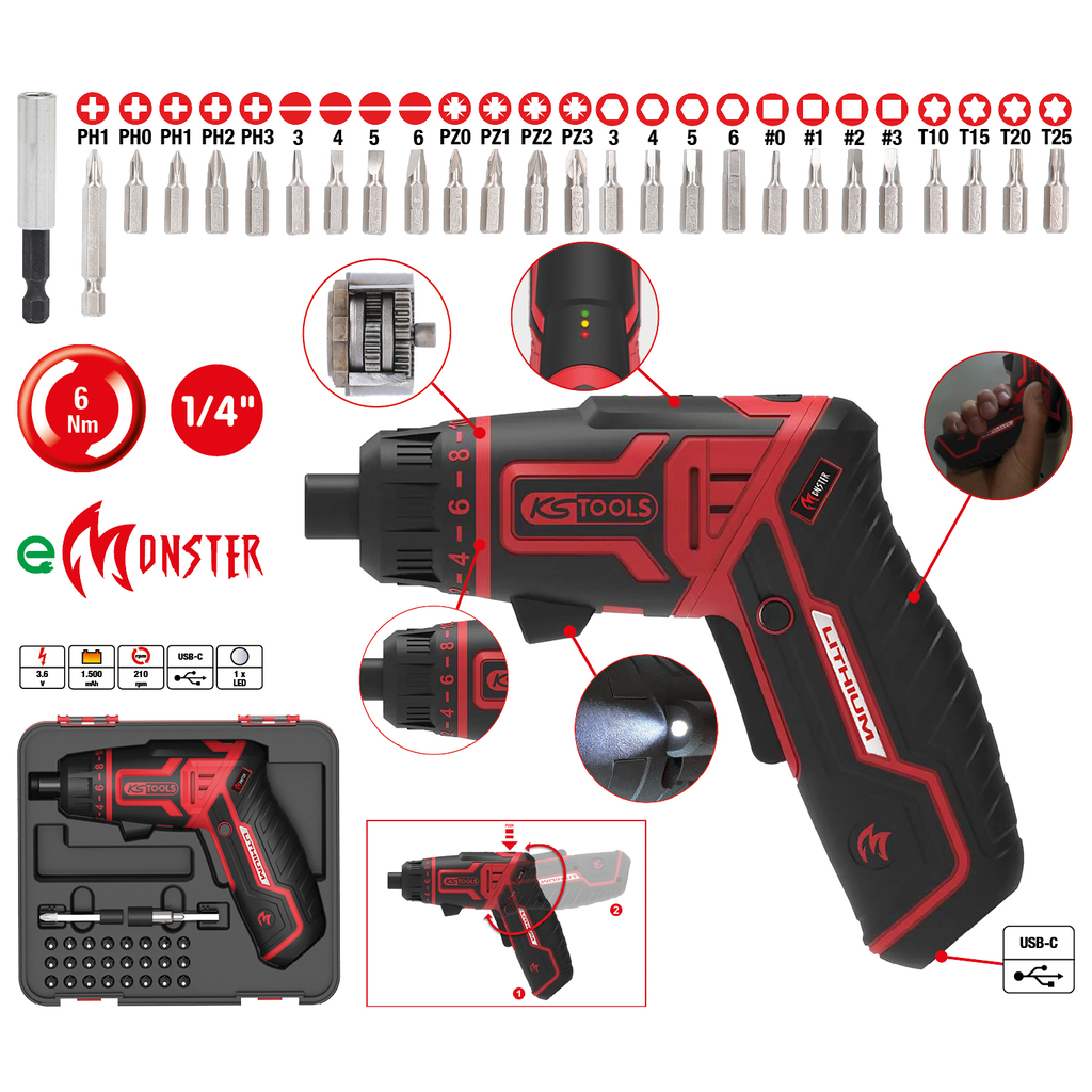 KS Tools eMONSTER 1/4“ Akku-Bit-Schrauber-Satz, 27-tlg.