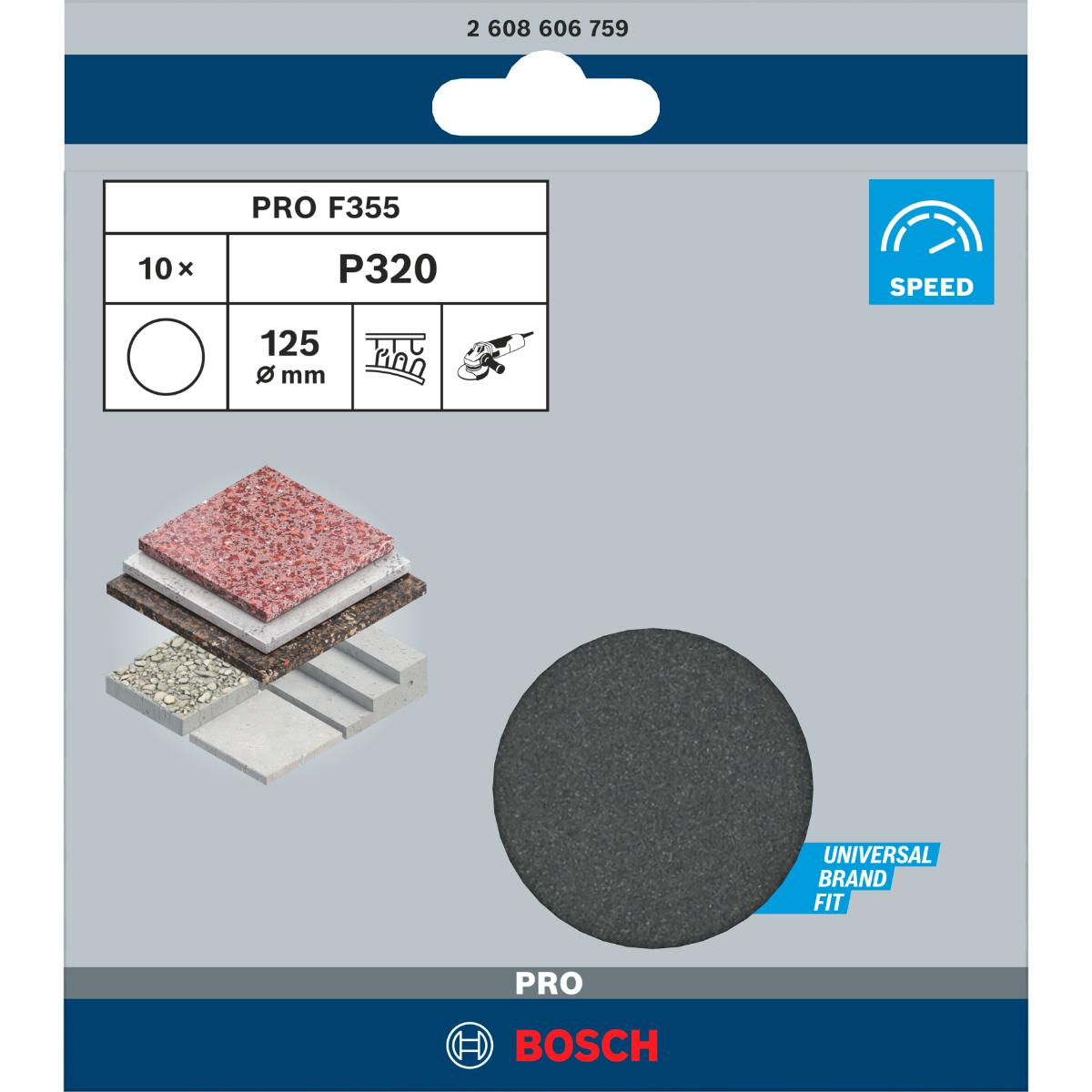 Bosch PRO Schleifblatt Papier F355, 125 mm, ungelocht, Klett, 10er-Pack
