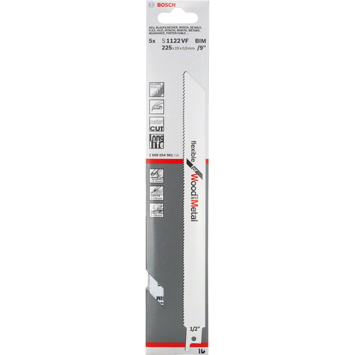 Bosch Säbelsägeblatt S 1122 VF, Flexible for Wood and Metal, 5er-Pack
