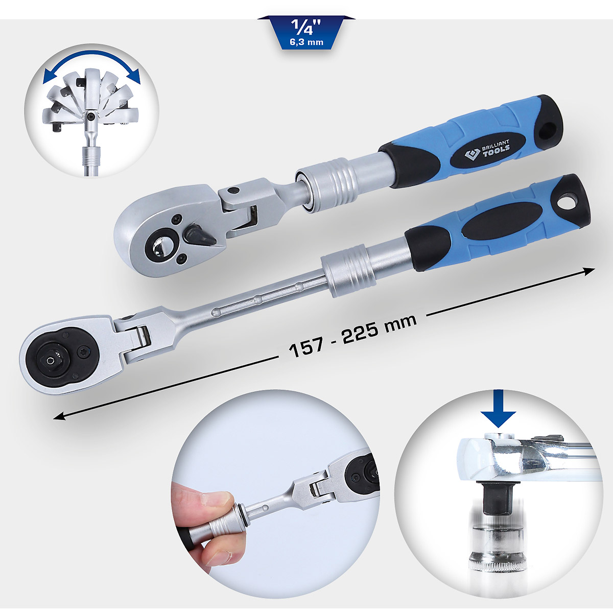 Brilliant Tools 1/4" Teleskop-Umschaltknarre mit flexibelem Kopf (175 - 225 mm)