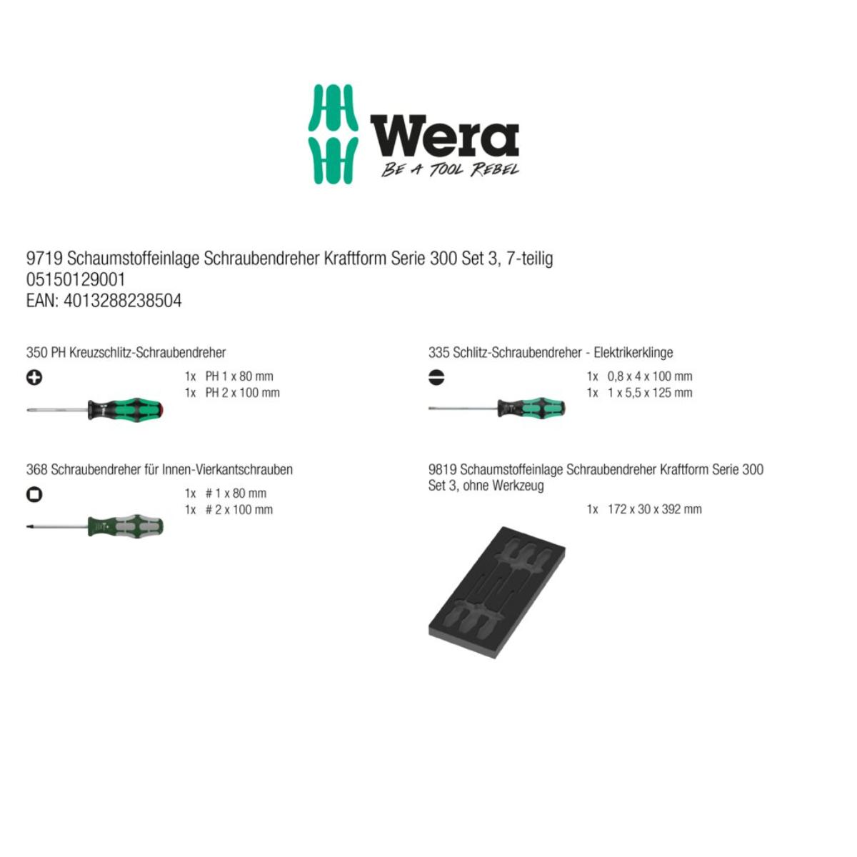 Wera 9719 Schaumstoffeinlage Schraubendreher Kraftform Serie 300 Set 3