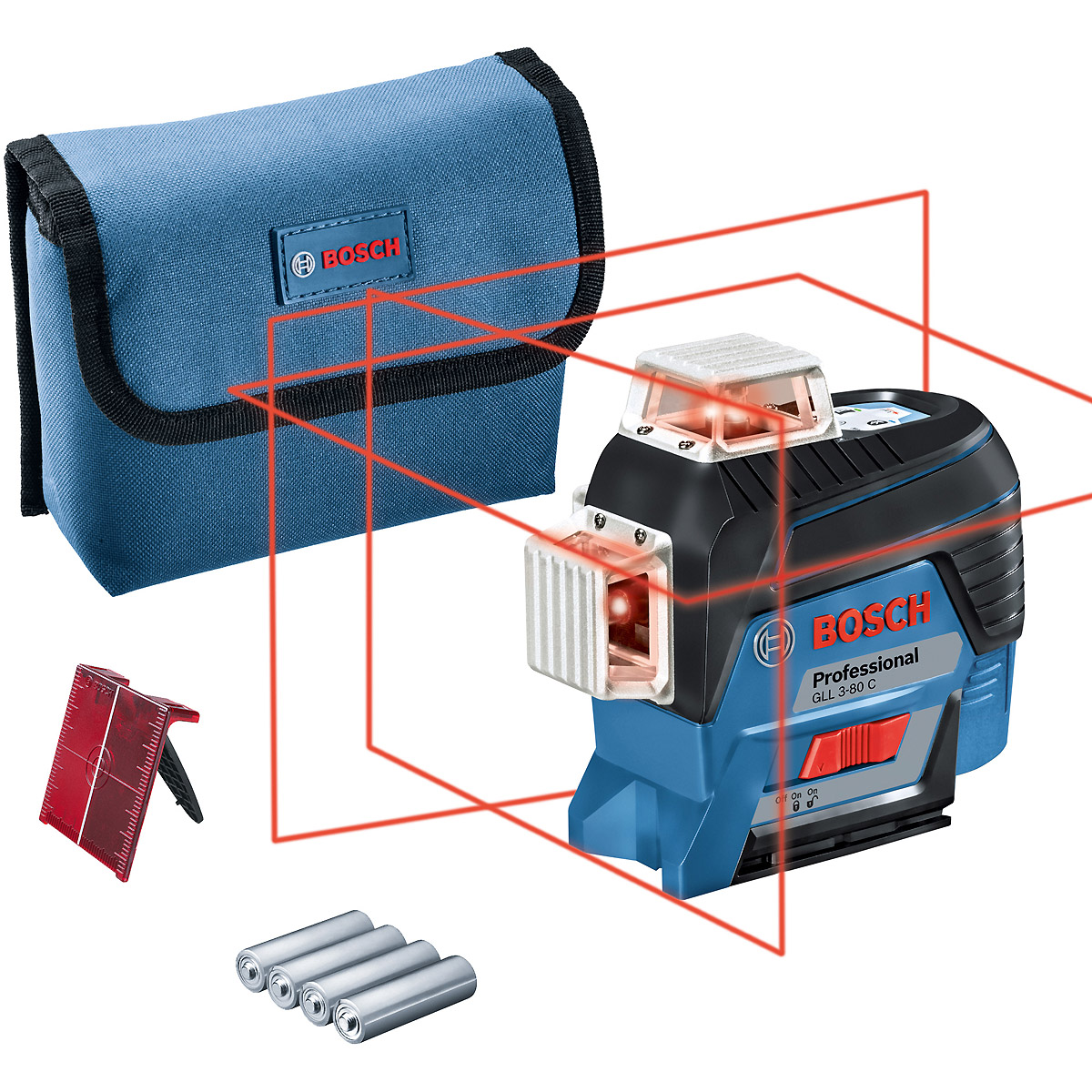 Bosch Linienlaser GLL 3-80 C, mit 4 x 1,5-V-LR6-(AA)-Batterien, Akku-Adapter