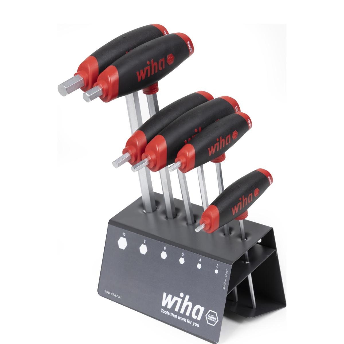 Wiha Stiftschlüssel mit Quergriff Set ComfortGrip Sechskant 6-teilges Set mit Seitenabtrieb, mattverchromt im Werkbankständer