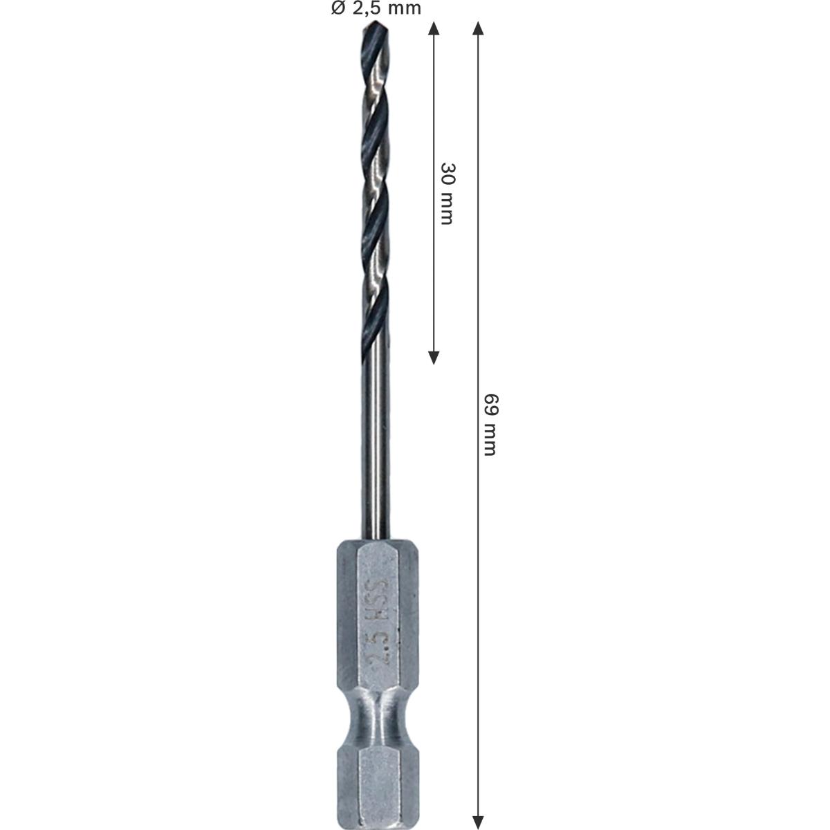 Bosch Metal HSS Spiralbohrer, 2,5 x 30 x 69 mm, HEX 1/4 Schaft