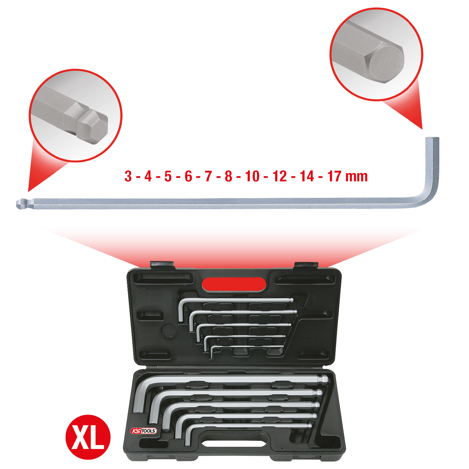 KS Tools Kugelkopf-Innensechskant-Winkelstiftschlüssel-Satz,XL,10-tlg