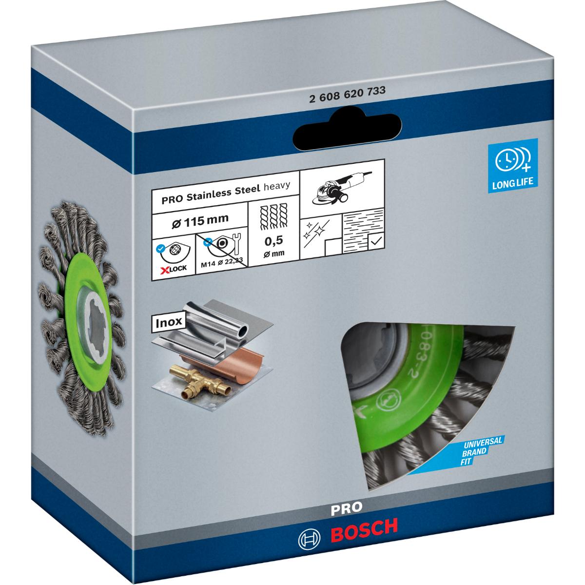Bosch PRO Scheibenbürste Heavy for Inox X-LOCK, gezopft, rostfrei, 115 mm, 0,5 mm