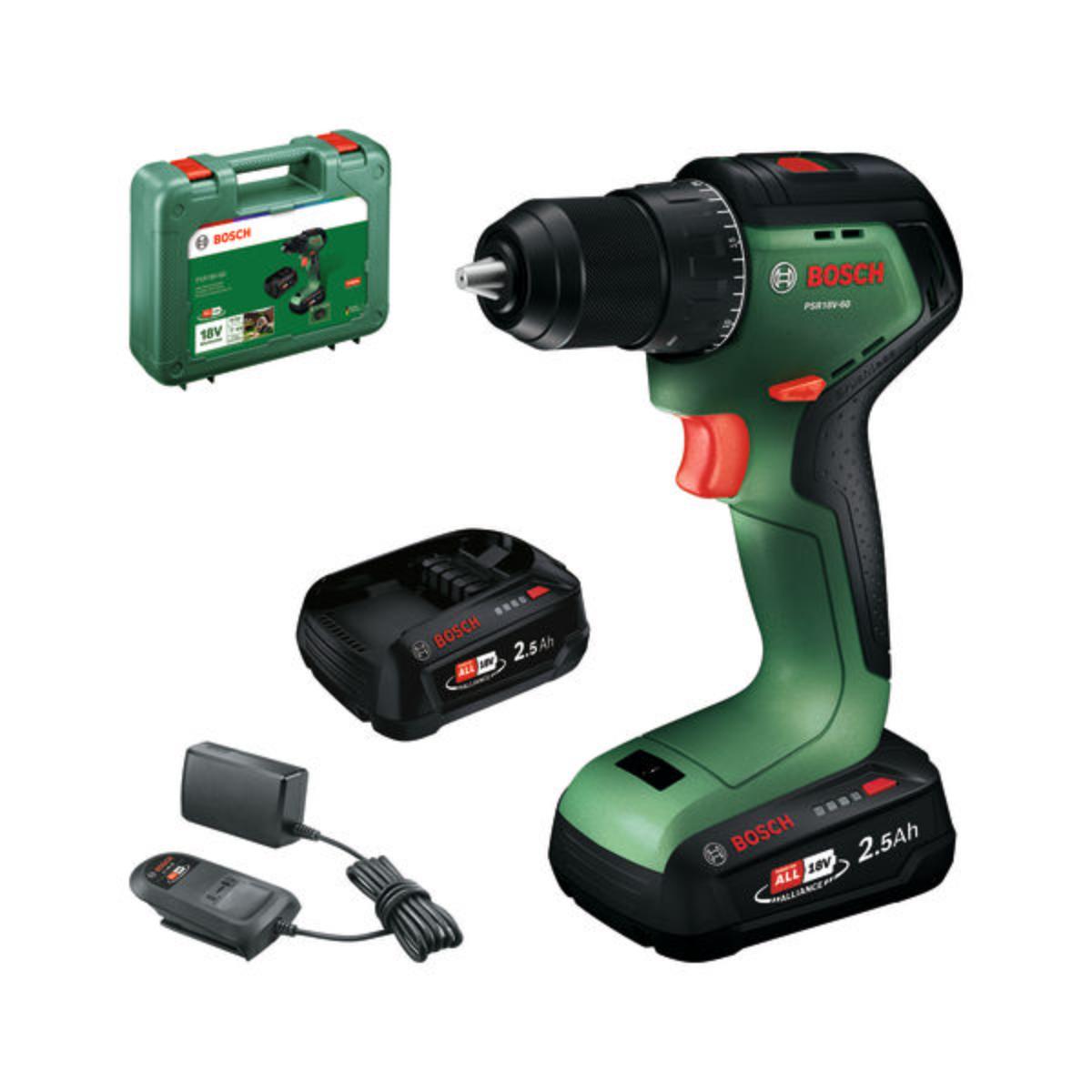 Bosch Akku-Bohrschrauber PSR18V-60, 2 x Akku PBA 18V 2.5Ah in Handwerkerkoffer