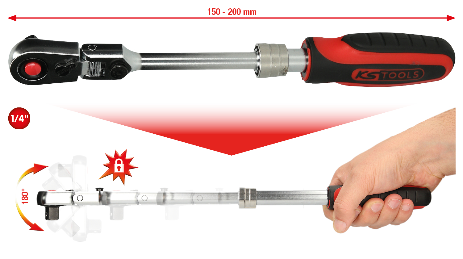 KS Tools 1/4" SlimPOWER Teleskop-Gelenk-Umschaltknarre, 72 Zahn