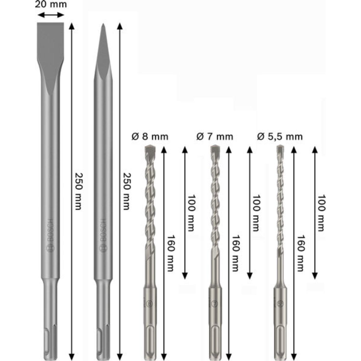 Bosch SDS plus-3C Meißel- und Bohrer, D 5,5/7/8 mm, 5-teilges Set für Bohrhämmer