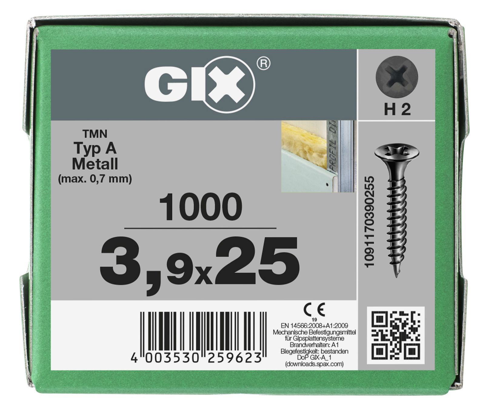 SPAX GIX-A Trompetenkopf H2 Feingewinde phosphatiert, 1000 Stück