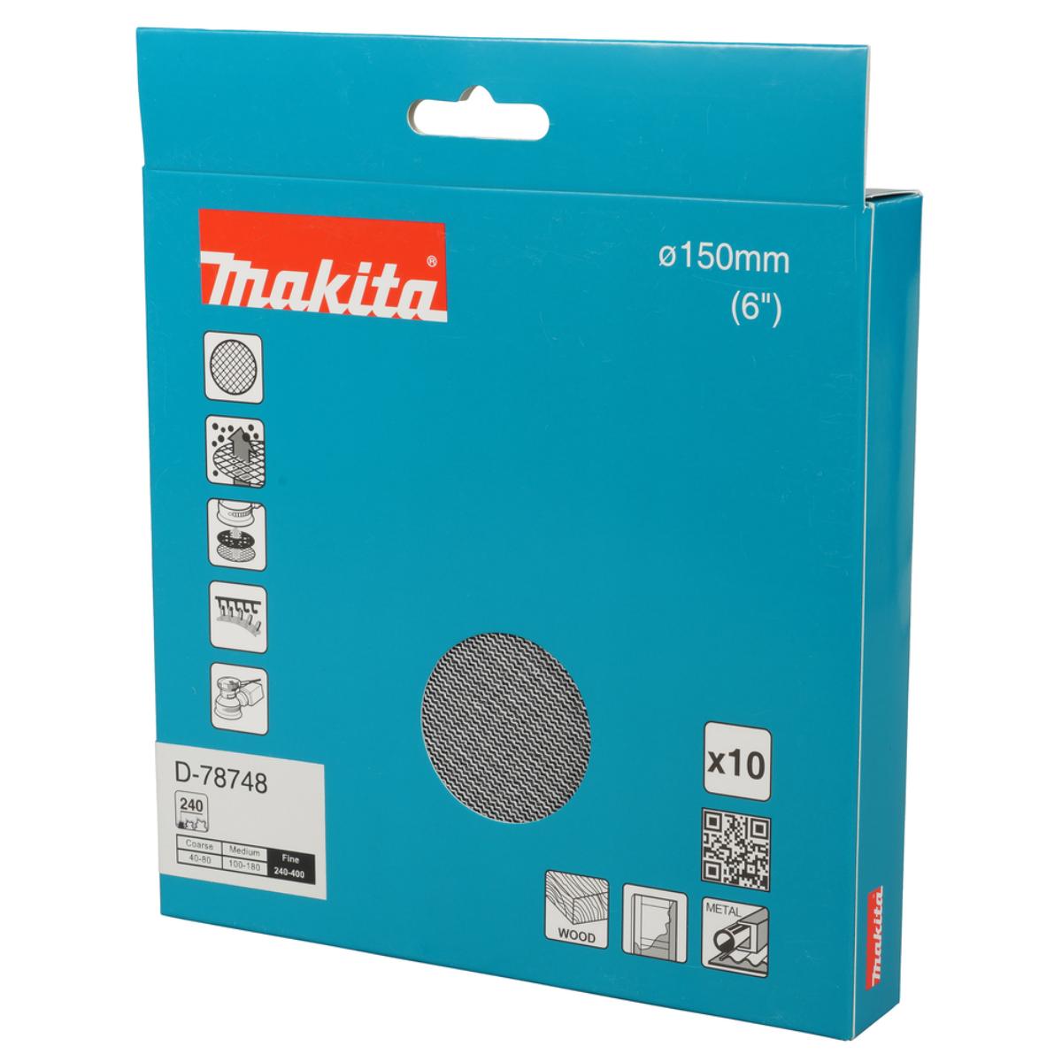 Makita Netzschleifmittel 150 mm, Körnung A240,Klett, Gitter, 10 Stück