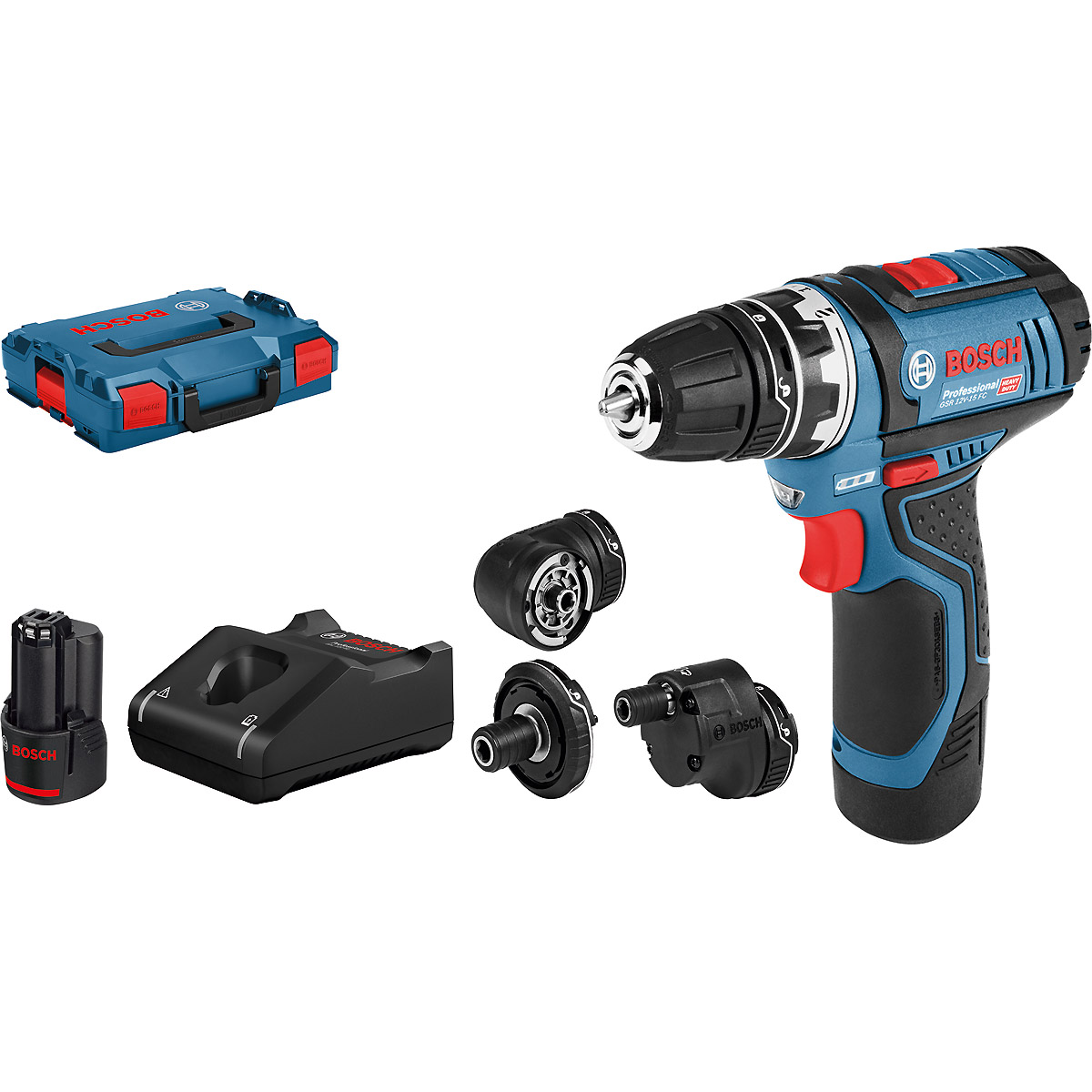 Bosch Akku-Bohrschrauber GSR 12V-15 FC, mit 2 x 2.0 Ah-Akku, L-BOXX, 4 Aufsätze