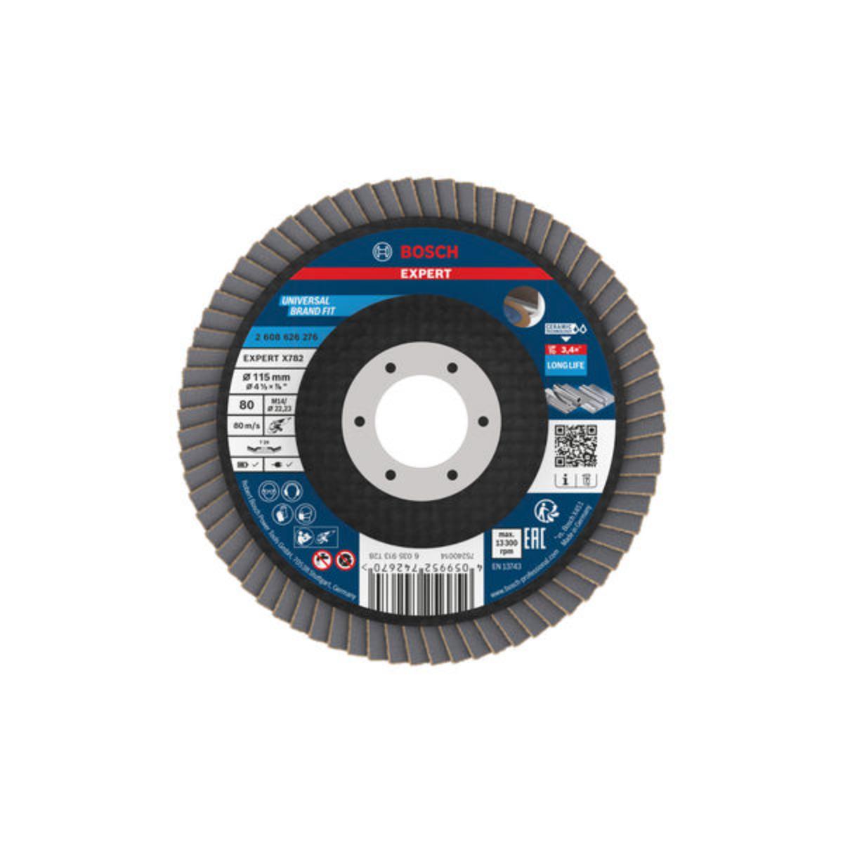 Bosch EXPERT X782 Fächerschleifscheibe, abgewinkelt, 115mm, K80, Bohrung 22,23mm,FlexLam