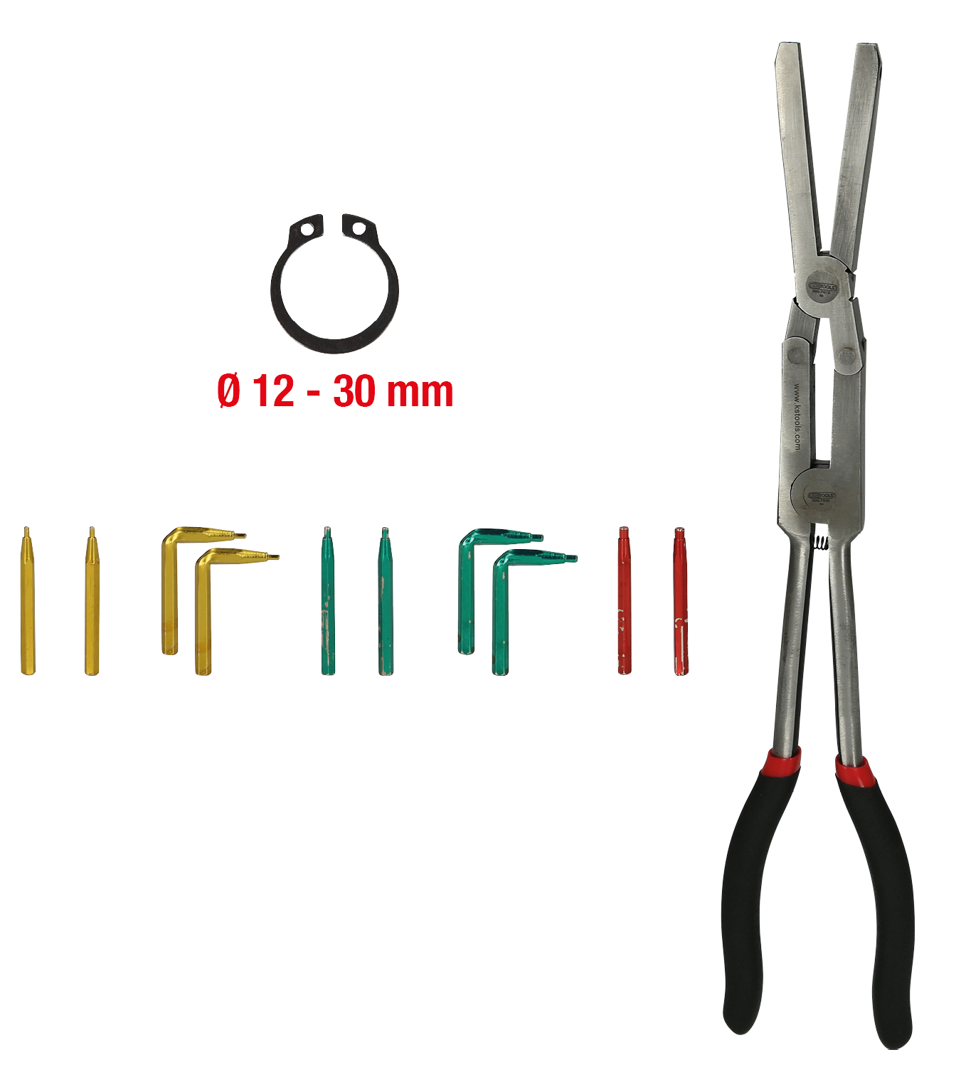 KS Tools Doppelgelenk-Sicherungszange für Außensicherungsringe mit auswechselbaren Spitzen