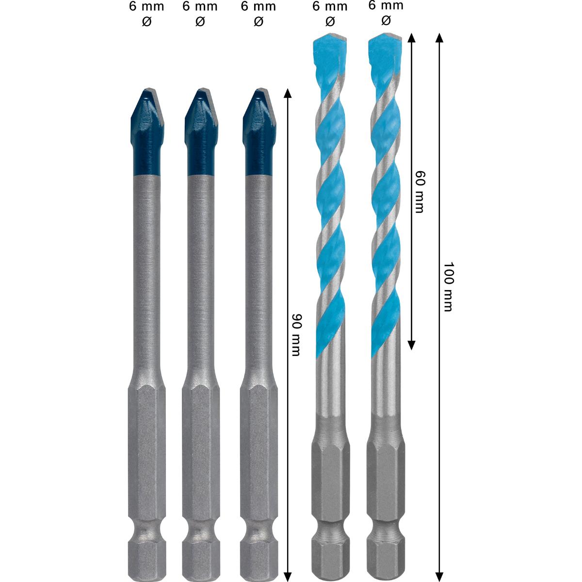 Bosch EXPERT HEX-9 Hard Ceramic und HEX-9 Multi Construction Bohrer 6 mm, 5-teiliges Set