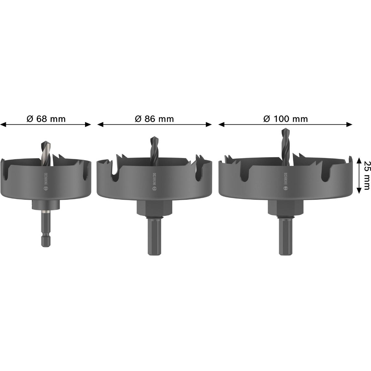 Bosch Wood and Drywall Lochsägen mit Aufsteckhalter+Zentrierbohrer, 68/86/100x27mm, 3-teiliges Set