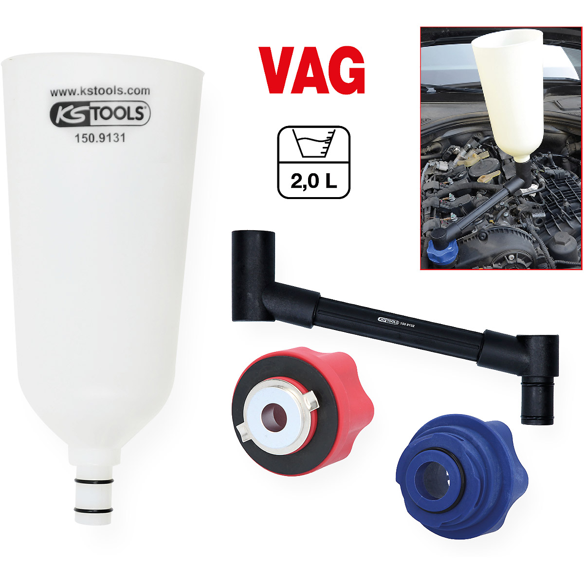 KS Tools Öl-Einfülltrichter-Satz mit drehbarem Winkelarm für VAG, 4-tlg