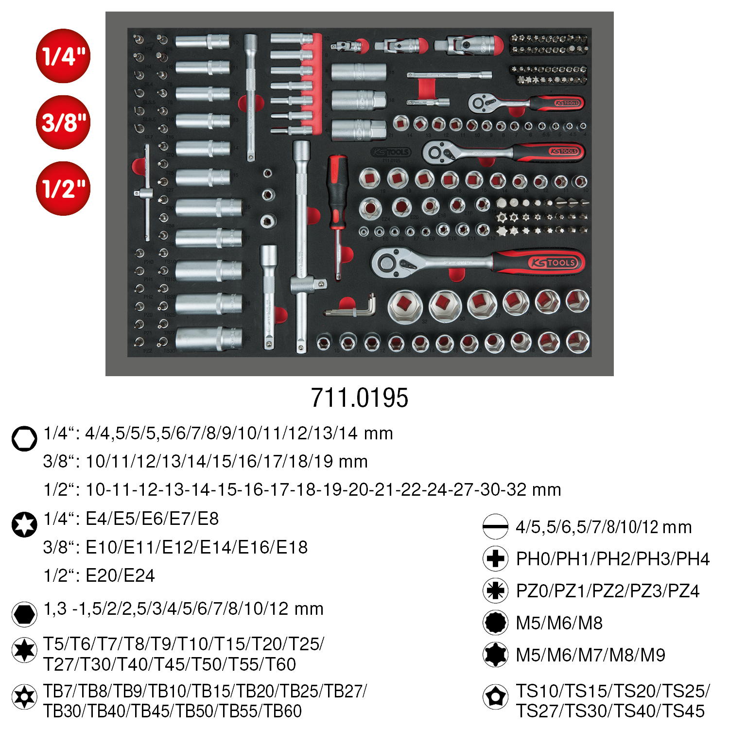 KS Tools 1/4"+3/8"+1/2" Steckschlüssel-Satz, 195-tlg in 1/1 Systemeinlage