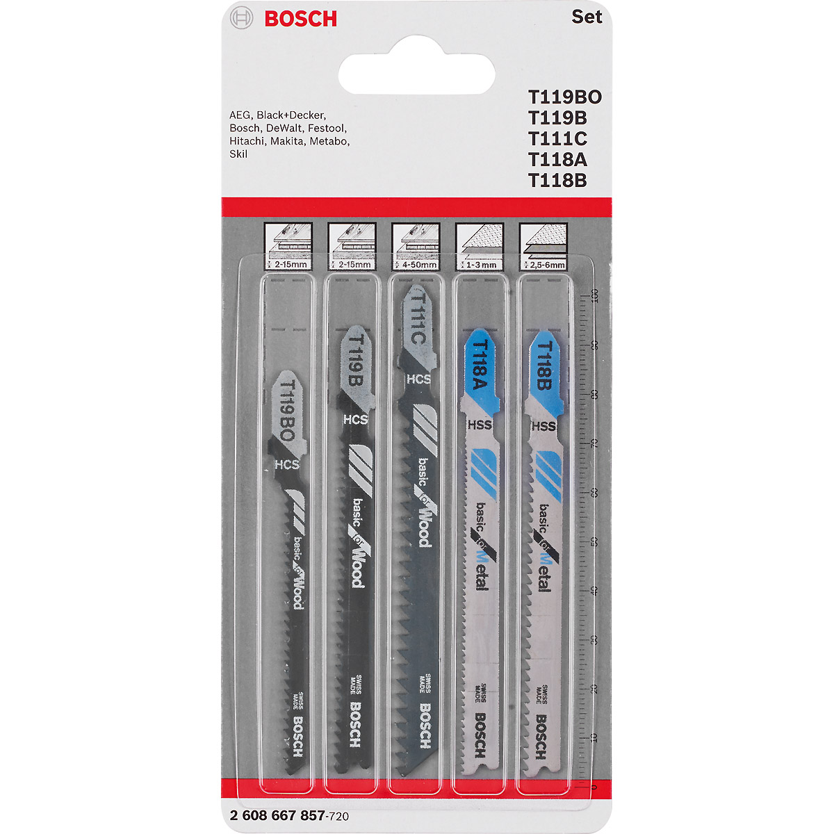 Bosch Stichsägeblatt-Set Wood and Metal Basic, 5-teilig, Einnockenschaft