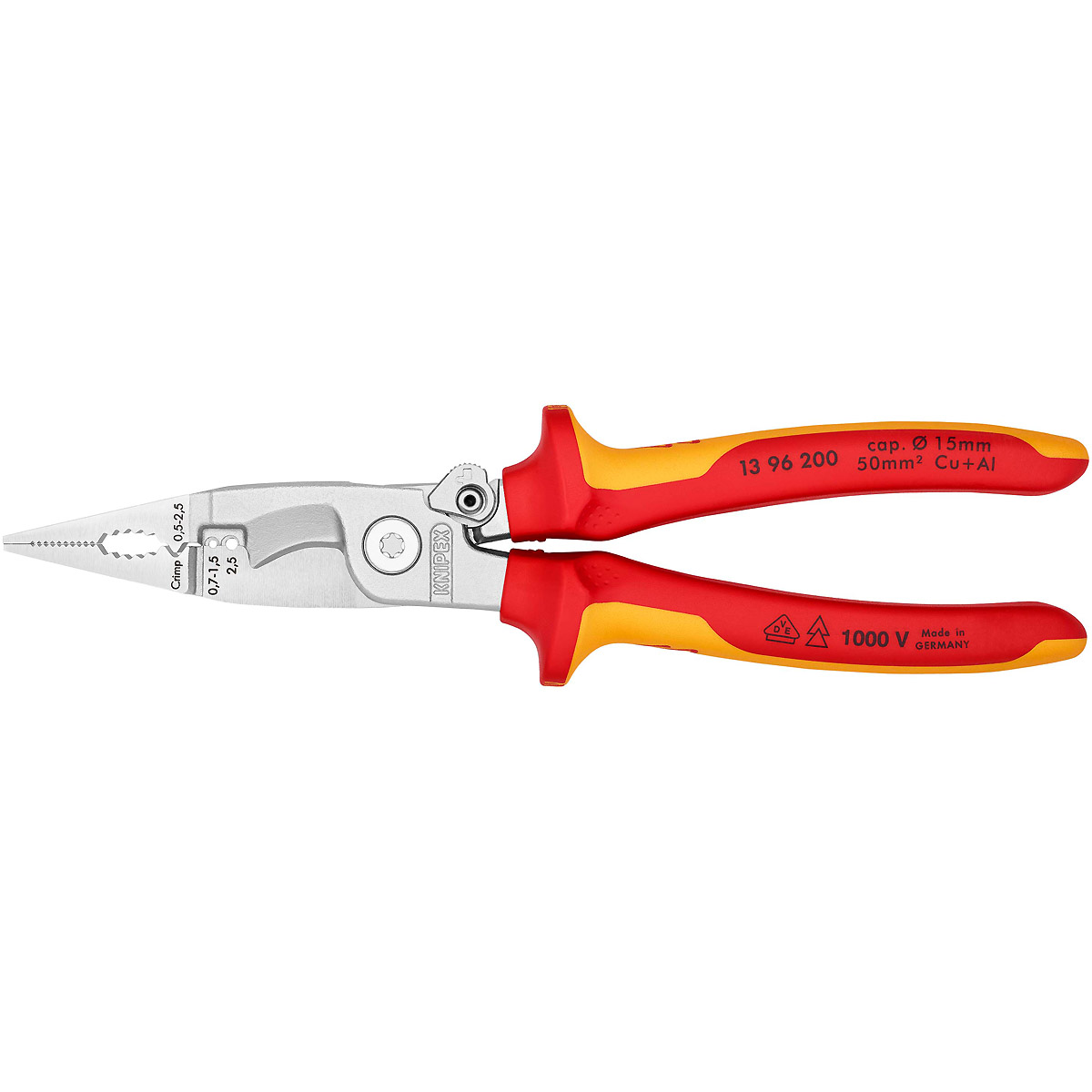 KNIPEX Elektro-Installationszange 200 mm verchromt isoliert mit Mehrkomponenten-Hüllen, VDE-geprüft