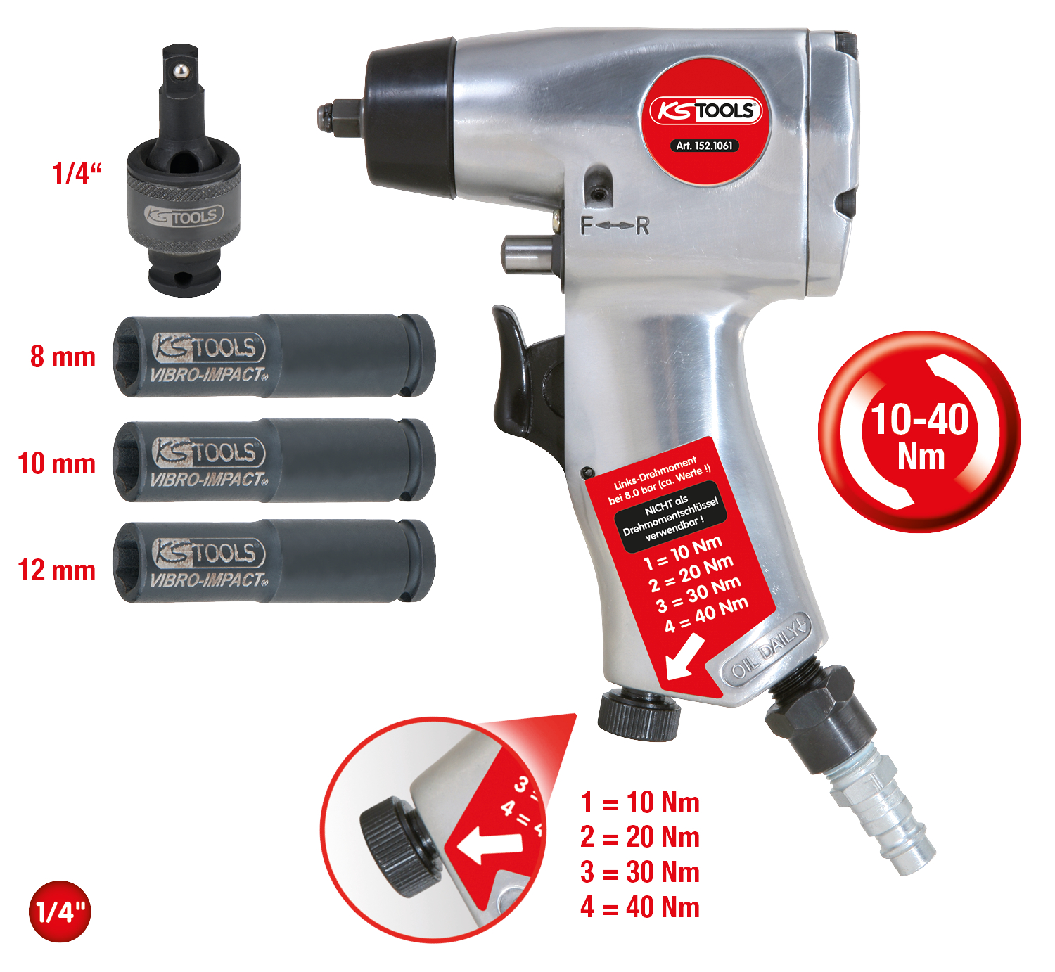 KS Tools 1-4'' Glühkerzen-Druckluft-Vibrationsschrauber-Satz, 5-tlg