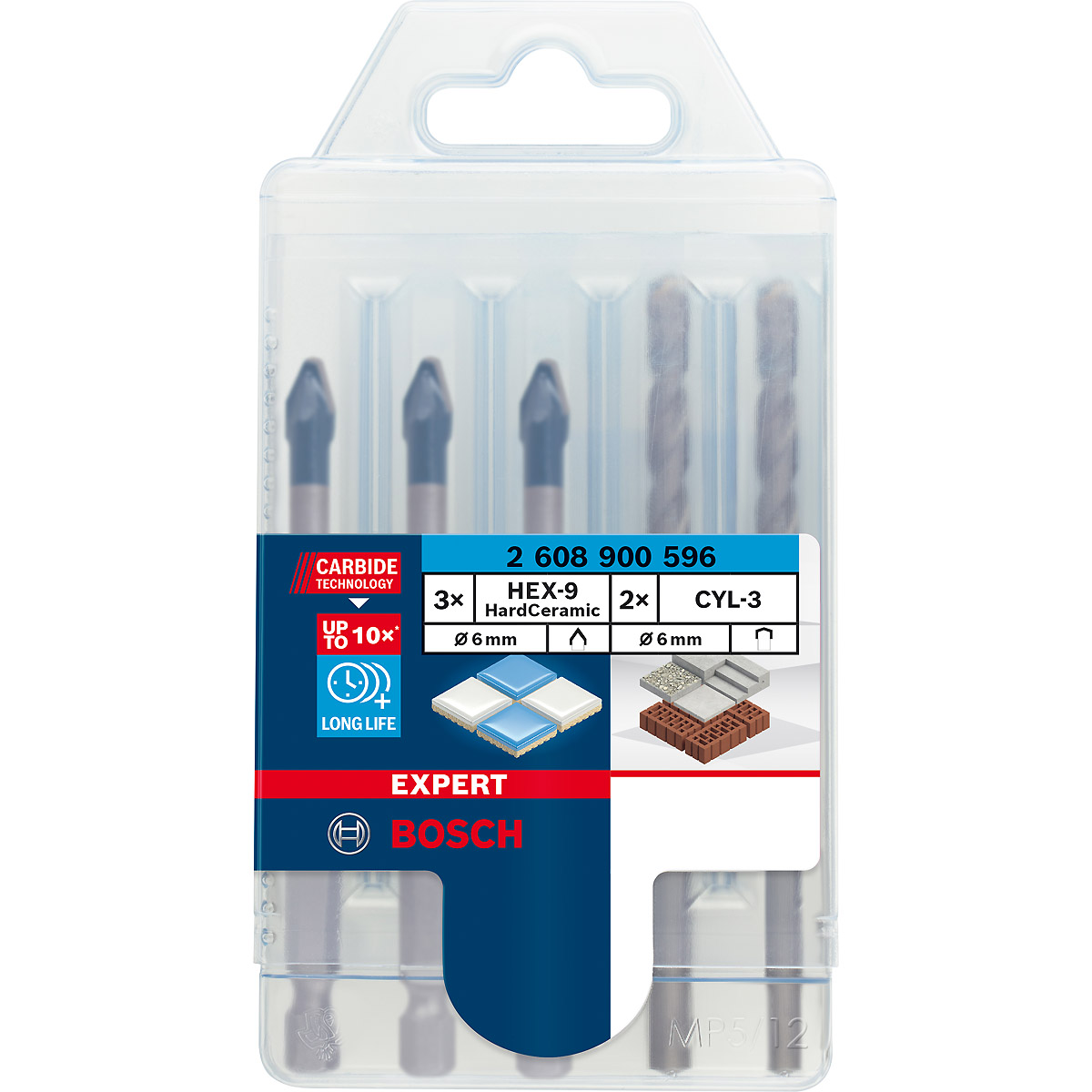 Bosch EXPERT HEX-9 HardCeramic Bohrer Mixed Set, 6 mm, 5-tlg., für Dreh- und Schlagbohrer