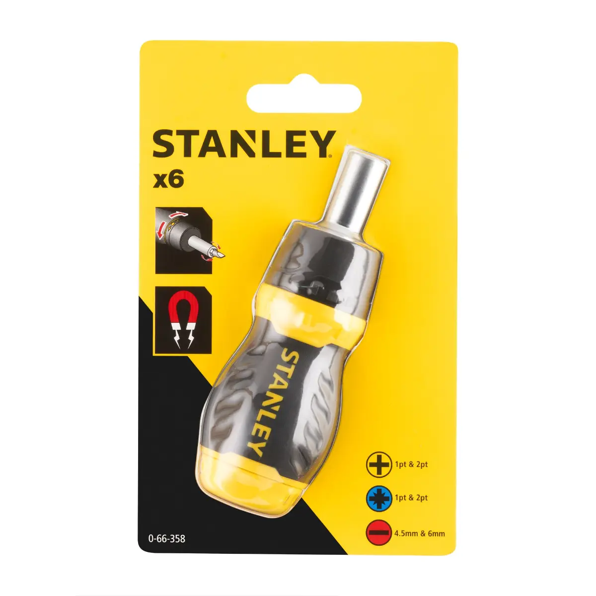 STANLEY Bit-Schraubendreher kurz 6 Bits Ratsche Schl. Phillips