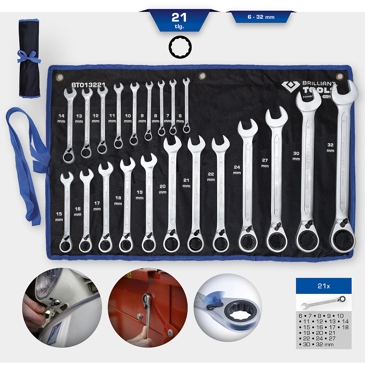 Brilliant Tools Ratschenringschlüssel-Satz, 21-tlg, umschaltbar, 6 - 32 mm