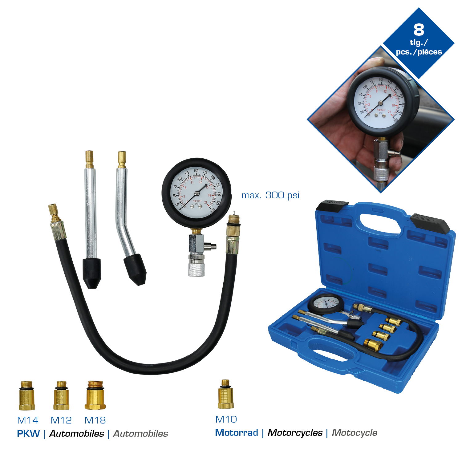 Brilliant Tools Kompressionstester-Satz für Benzin Motoren, 8-tlg - BT581100