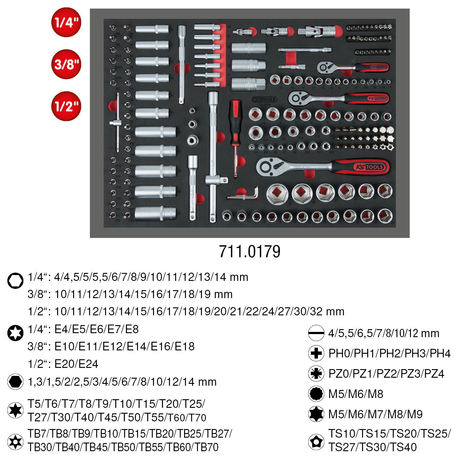 KS Tools 1/4"+3/8"+1/2" Steckschlüssel-Satz, 179-tlg in 1/1 Systemeinlage