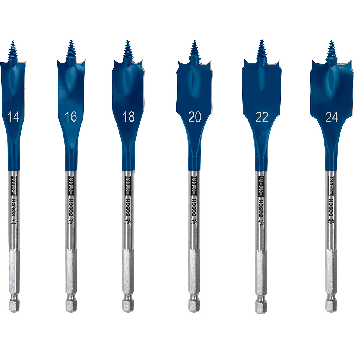 Bosch EXPERT SelfCut Speed Flachfräsbohrer 6-teiliges Set, 14/16/18/20/22/24 mm - für Bohrmaschinen