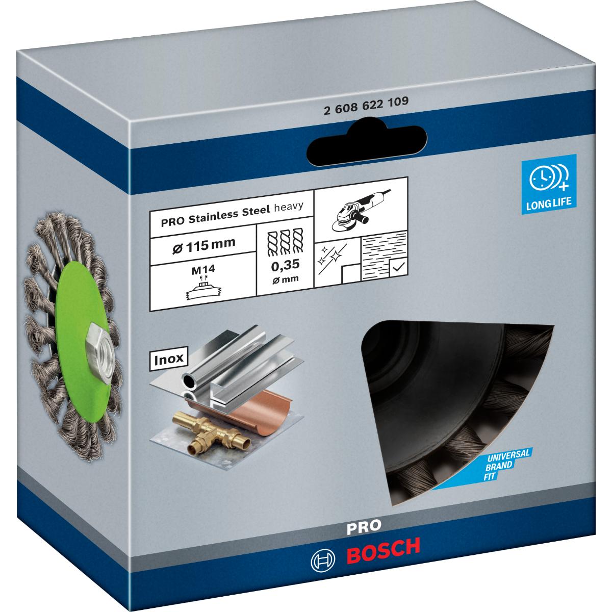Bosch PRO Kegelbürste Heavy for Inox, 115 mm, gezopfter rostfreier Stahldraht