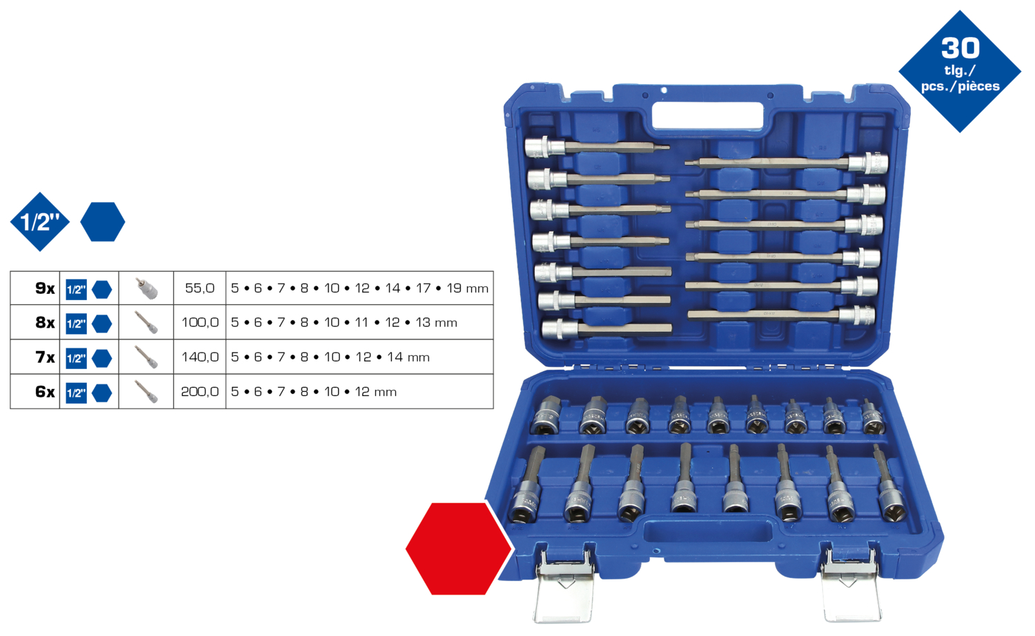 Brilliant Tools 1/2" Steckschlüssel-Satz, 30-tlg, Innensechskant-Profil - BT022030