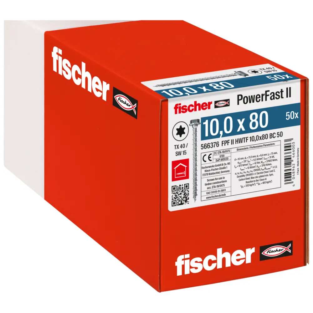 Fischer Spanplattenschraube 10,0x80 II HWTF BC, Sechskantkopf, Innenstern TX, Vollgewinde