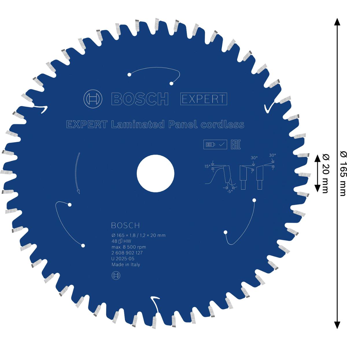 Bosch EXPERT Laminated Panel Kreissägeblatt, 165x1,8x20 mm, Z48, Zahnwinkel -5°