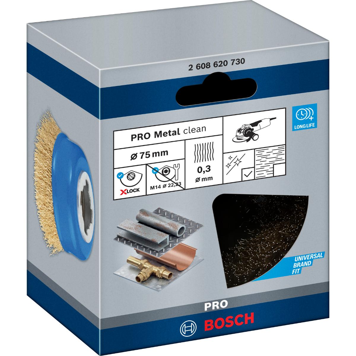 Bosch PRO Topfbürste X-LOCK Clean for Metal, 75 mm, 0,3 mm, gewellte Messingbürste
