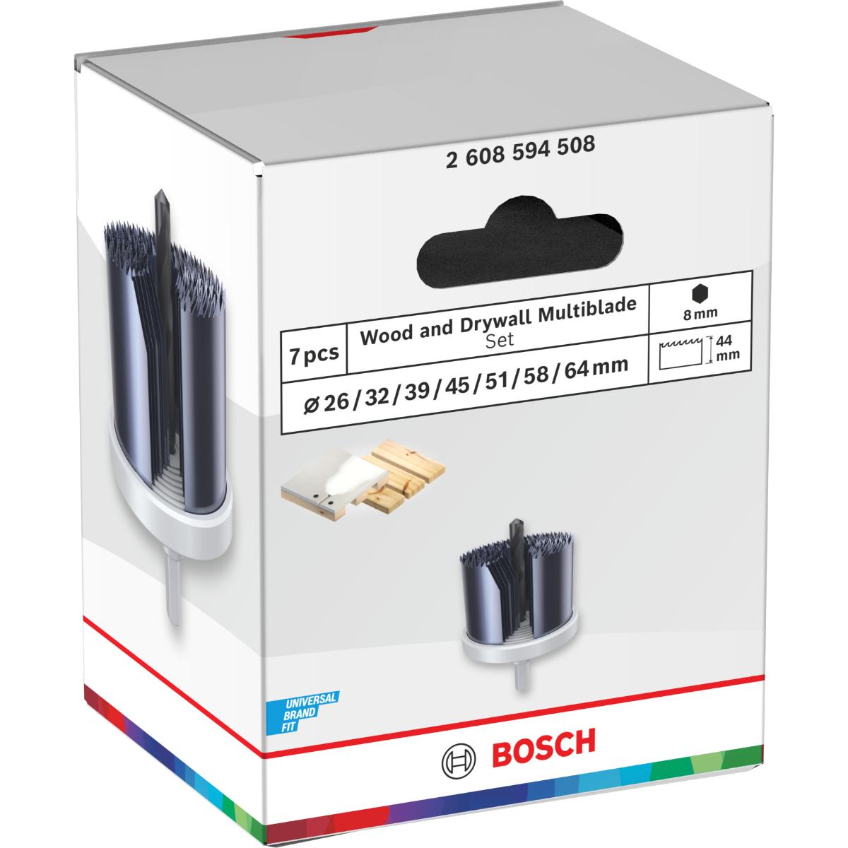 Bosch Wood and Drywall Lochsägen mit Aufsteckhalter, 26/32/39/45/51/58/64 x 44 mm, 7-teiliges Set