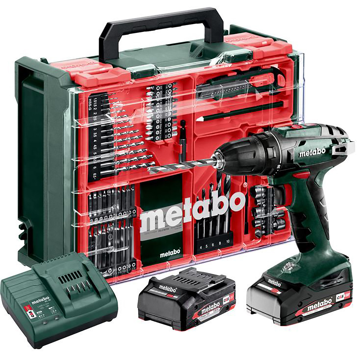 Metabo Akku-Bohrschrauber BS 18 Set mit 74-teiliger Mobiler Werkstatt - Kunststoffkoffer - 18V 2x2Ah