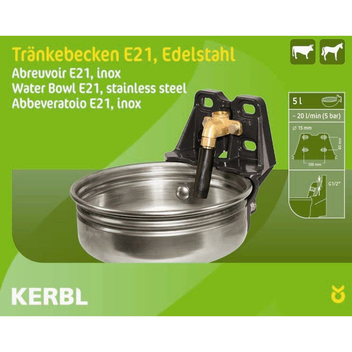 Kerbl Edelstahlbecken E21 mit Rohrventil, 1/2"-Anschluss